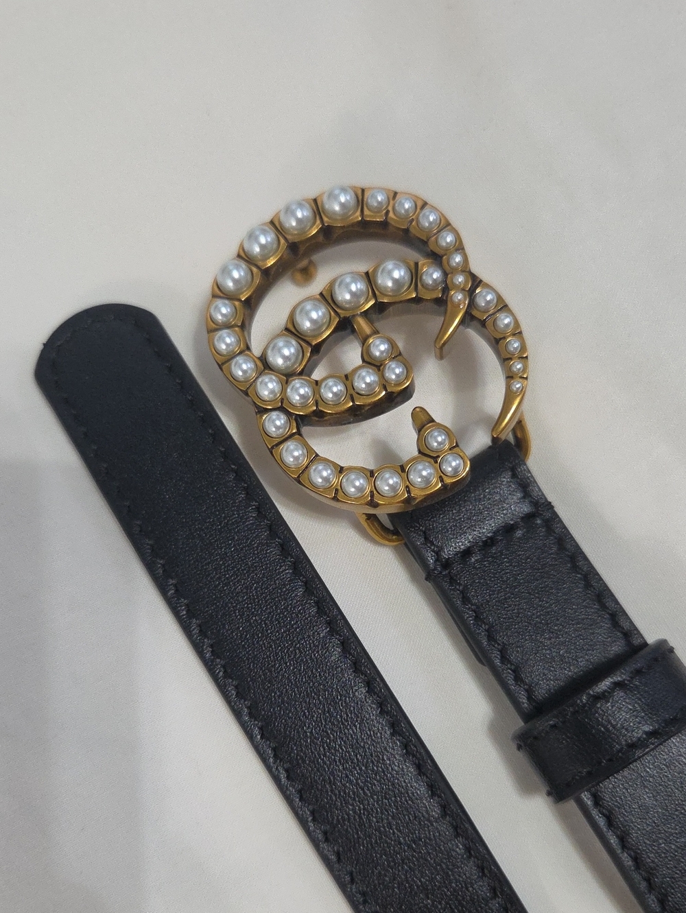 Skinny Leather Gucci Pearl Belt Gold GG Buckle 75cm